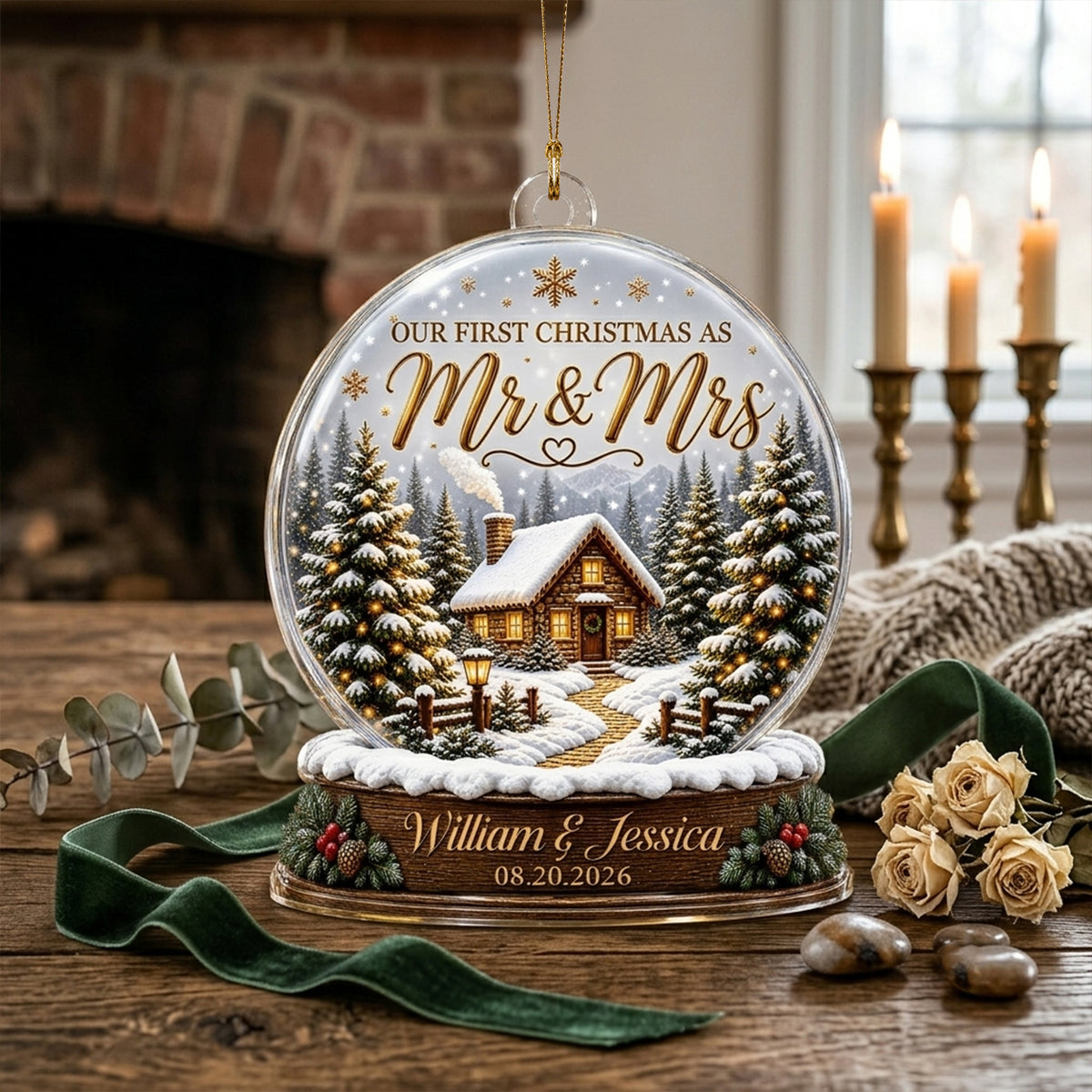 First Christmas Married - Personalized Acrylic Ornament - Custom Mr and Mrs Keepsake, Winter Cabin Ornament, Newlywed Gift