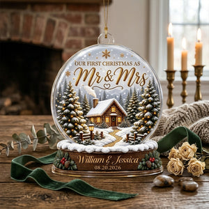 First Christmas Married - Personalized Acrylic Ornament - Custom Mr and Mrs Keepsake, Winter Cabin Ornament, Newlywed Gift