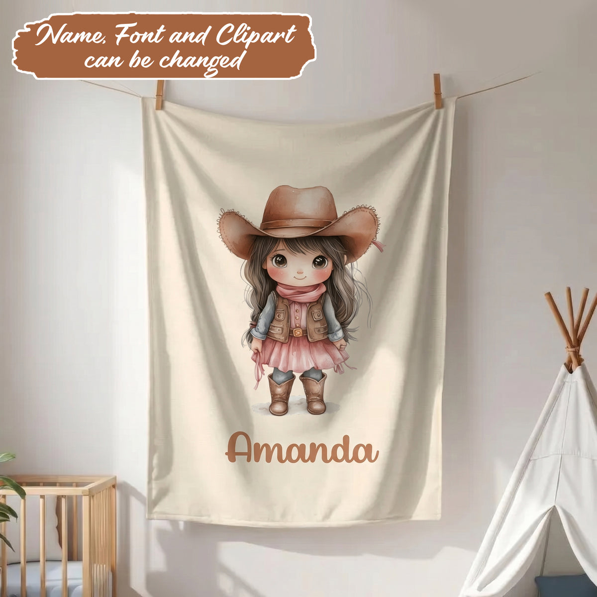 Cowgirl Blanket with Name - Home Decor Birthday Gift for Kids Cowboy Style Lovers