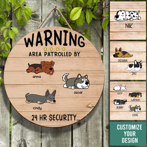 Sleeping dog, Warning Area Patrolled By Round Personalized Wood Sign