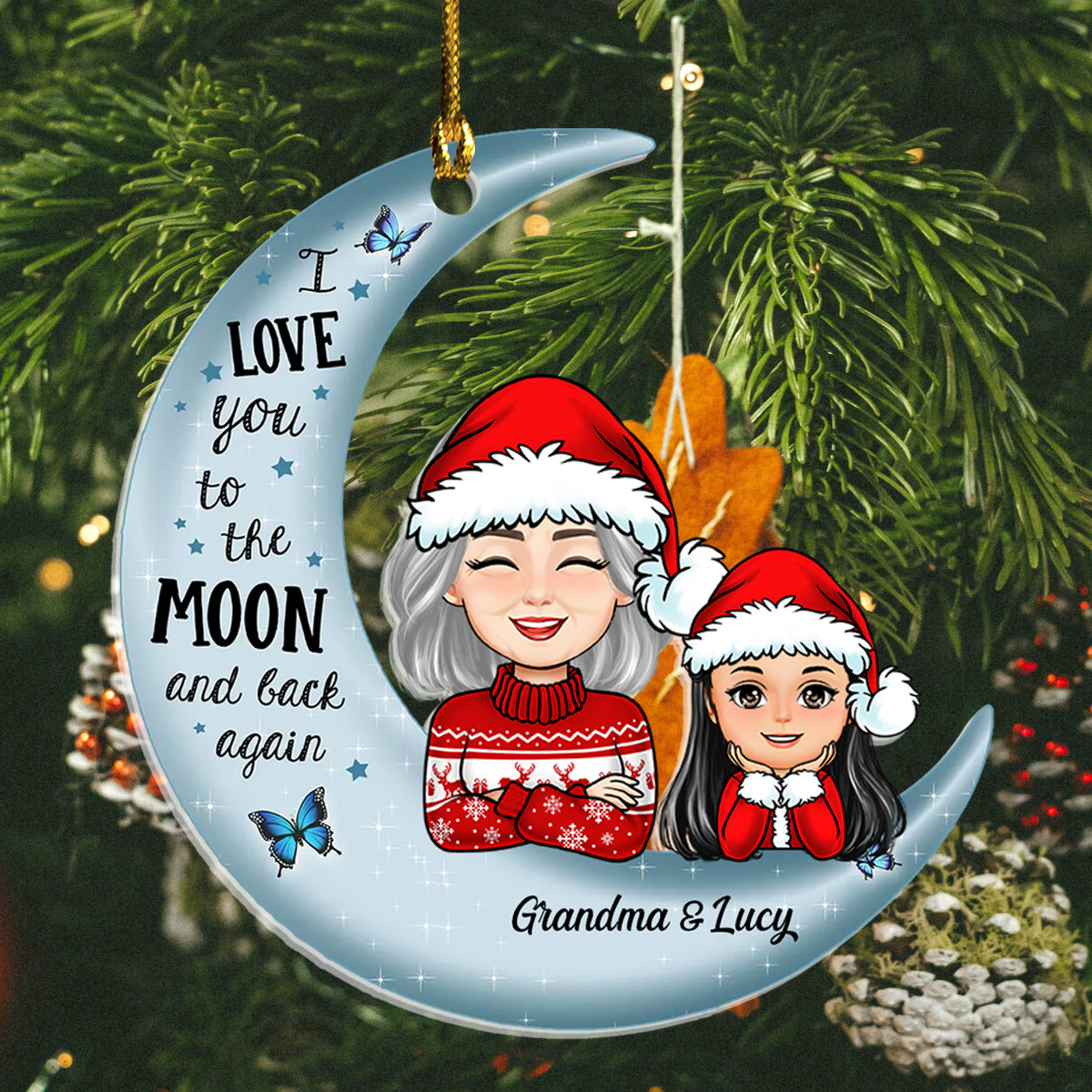 Grandma & Grandkid On Moon Christmas - Personalized Acrylic Ornament - Christmas Gift