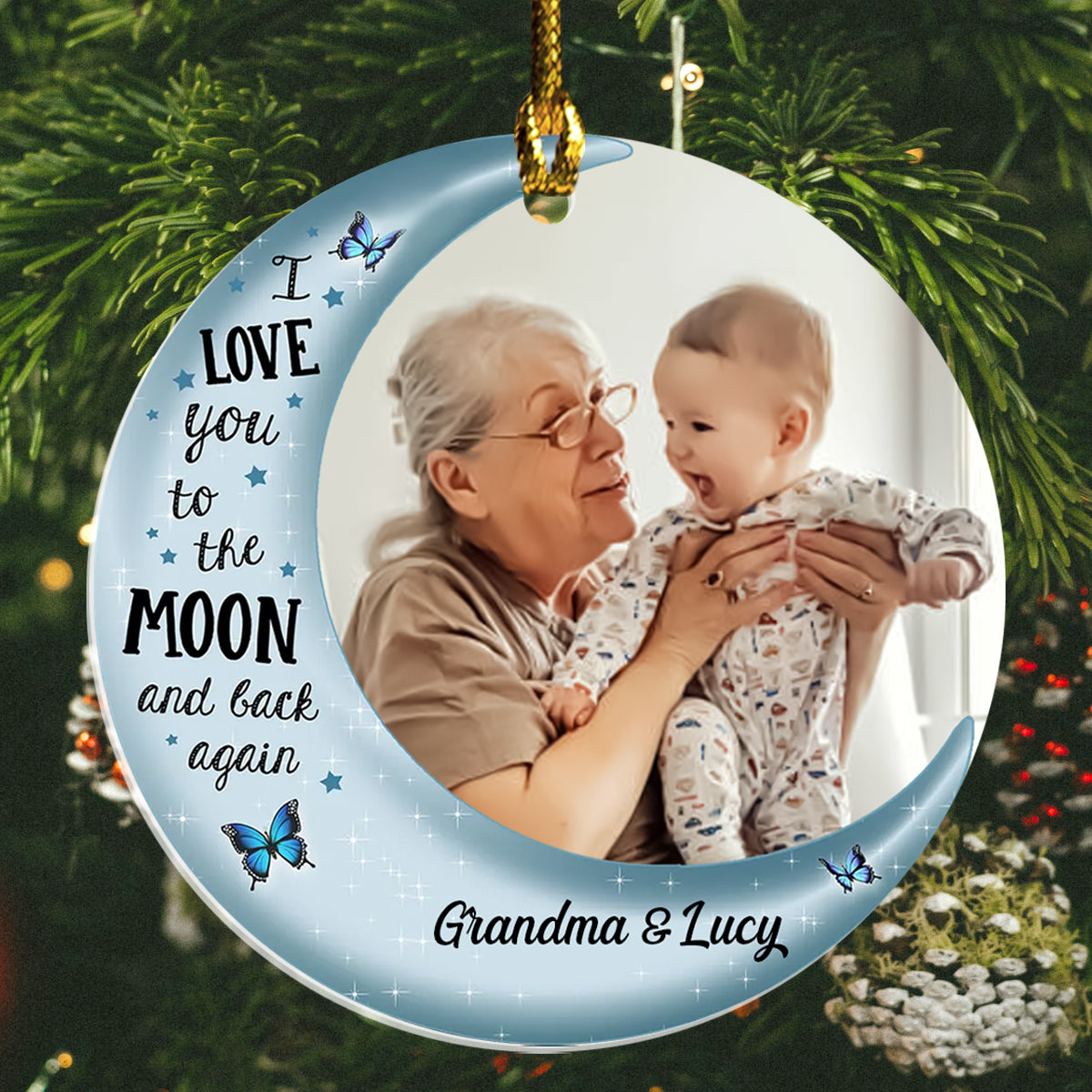 Grandma & Grandkid On Moon Christmas Custom Photo - Personalized Acrylic Ornament - Christmas Gift