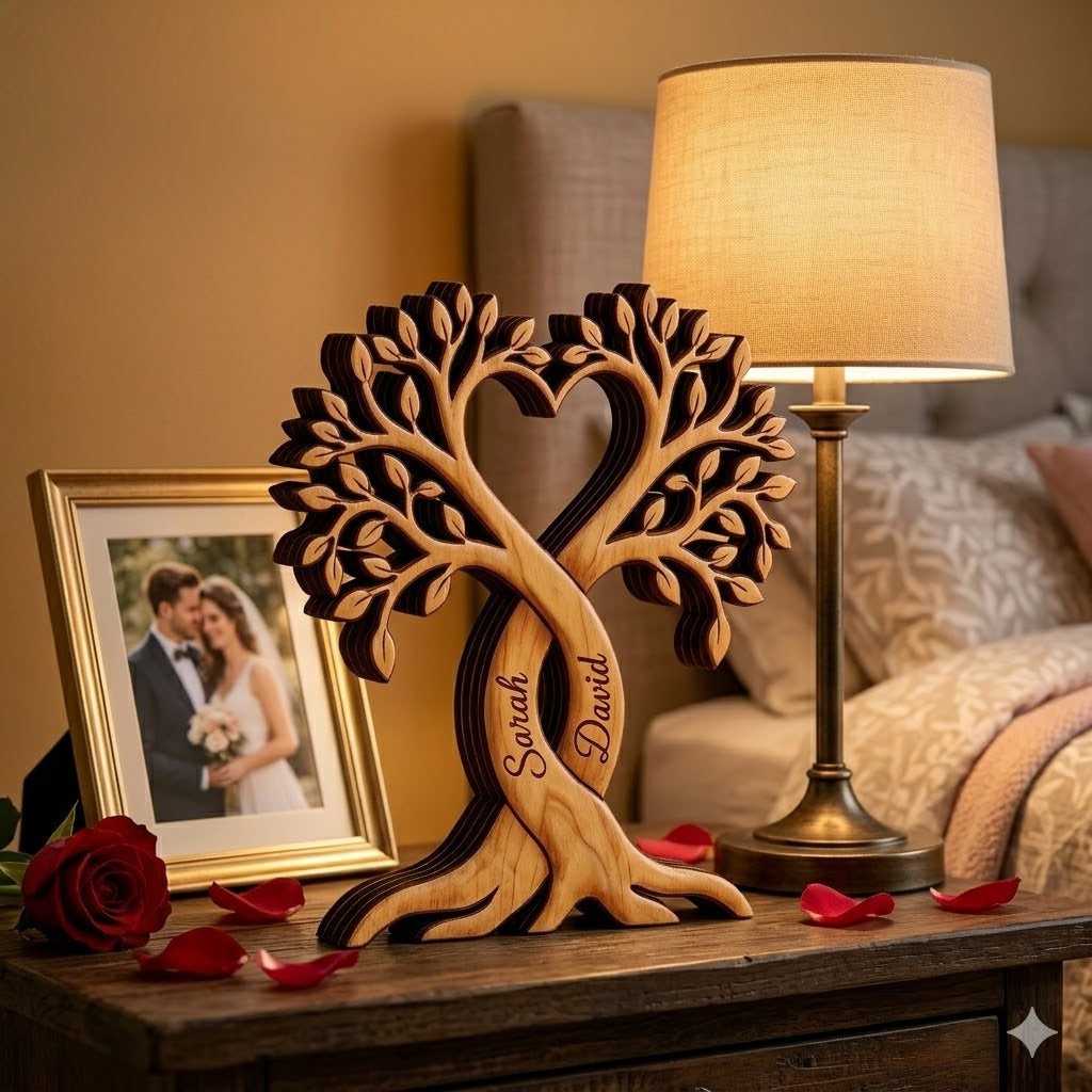 Personalized Couple Heart Tree Wooden Block, Wedding Anniversary Gift