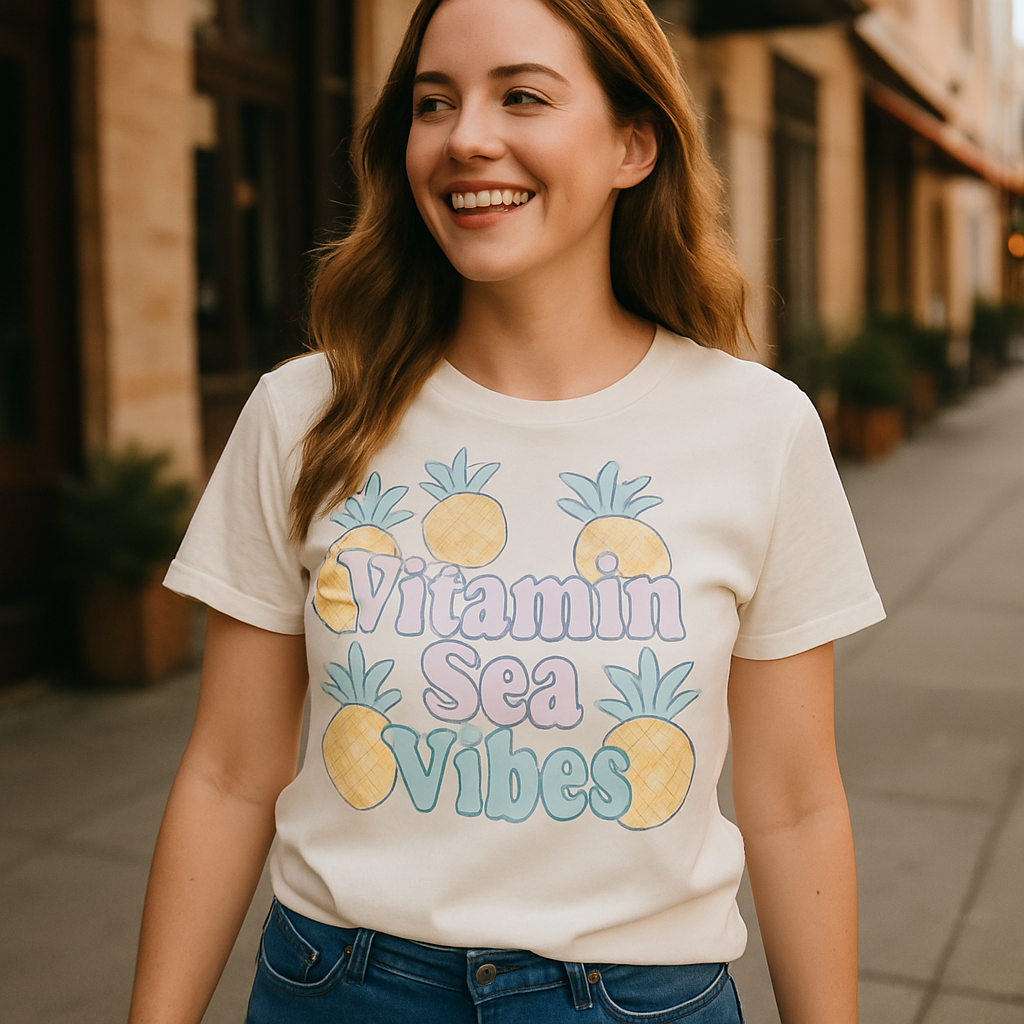 Vitamin Sea Vibes T-Shirt – Cute Pineapple Pastel Graphic Tee for Beach Babes, Summer Vacation, Coastal Aesthetic Shirt Beach%20Babe%20prompt%20%2310%20lifestyle%20mockup.png