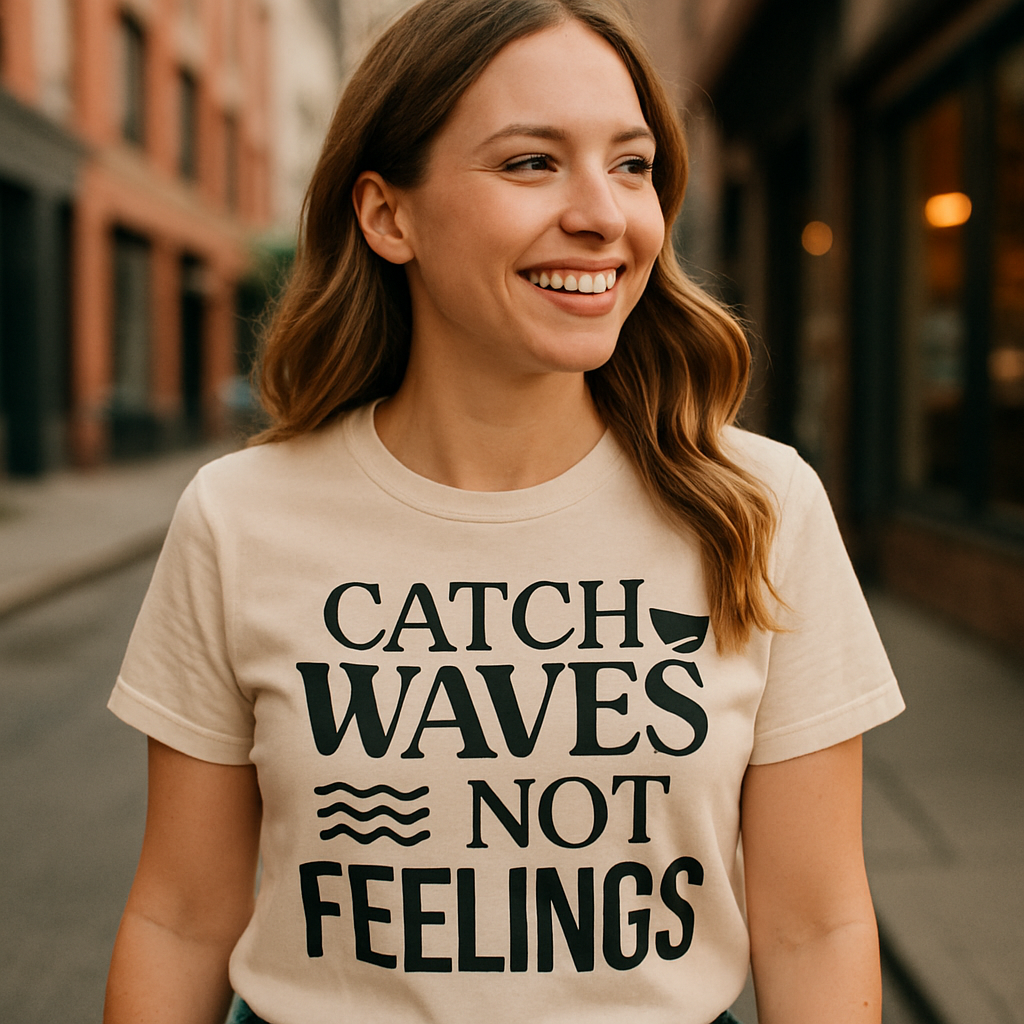 Catch Waves Not Feelings T-Shirt – Cute Beach Babe Graphic Tee for Surfers, Summer Vibes Coastal Vacation Shirt Beach%20Babe%20prompt%20%2311%20lifestyle%20mockup.png