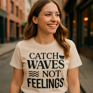 Catch Waves Not Feelings T-Shirt – Cute Beach Babe Graphic Tee for Surfers, Summer Vibes Coastal Vacation Shirt Beach%20Babe%20prompt%20%2311%20lifestyle%20mockup.png