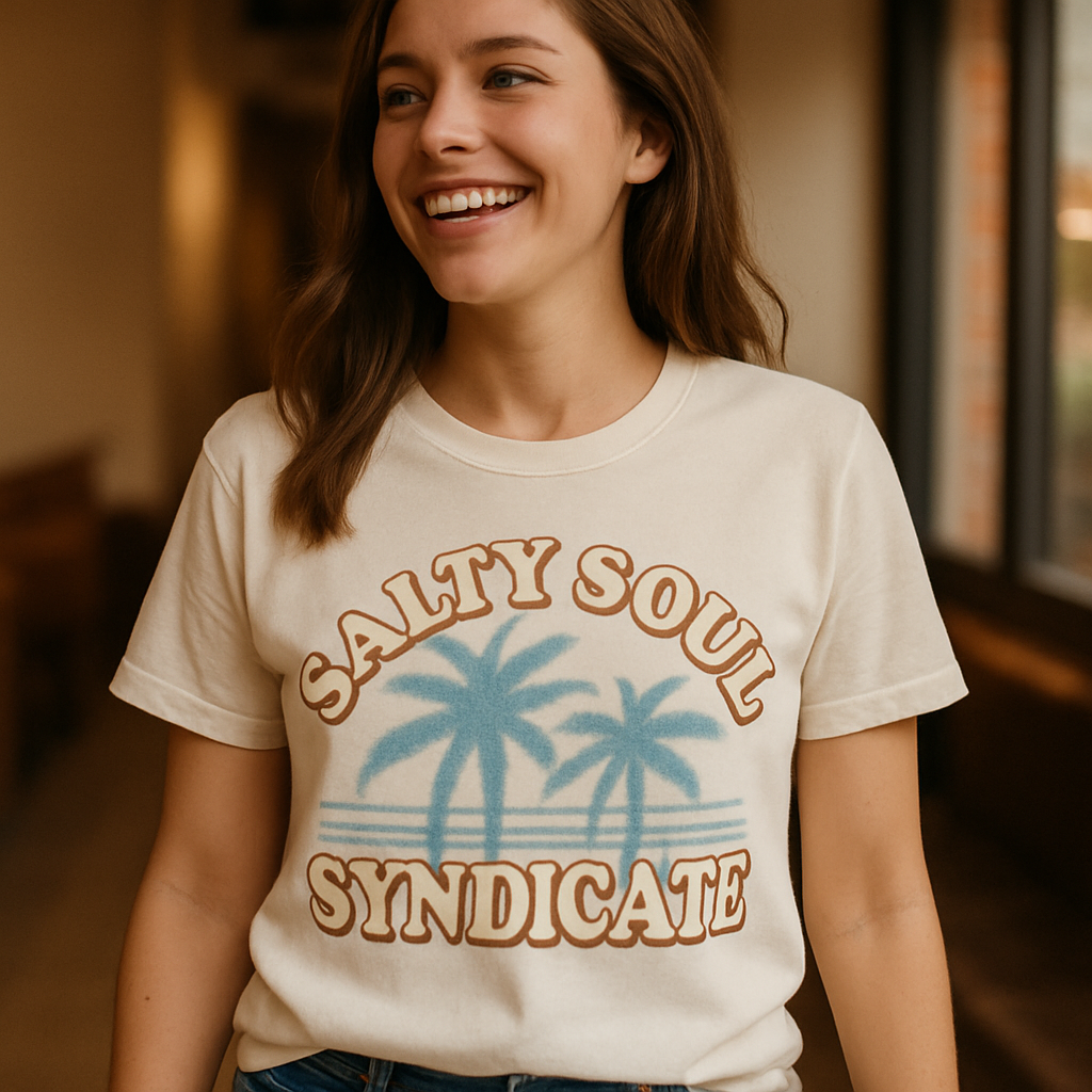 Salty Soul Syndicate Beach Babe T-Shirt – Retro Palm Tree Graphic, Summer Vibes, Cute Vintage Coastal Tee for Ocean Lovers Beach%20Babe%20prompt%20%2312%20lifestyle%20mockup.png