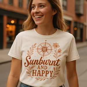 Sunburnt and Happy Beach Babe T-Shirt – Cute Compass & Floral Summer Graphic Tee, Coastal Vacation Shirt, Boho Beachwear Gift Beach%20Babe%20prompt%20%2315%20lifestyle%20mockup.png
