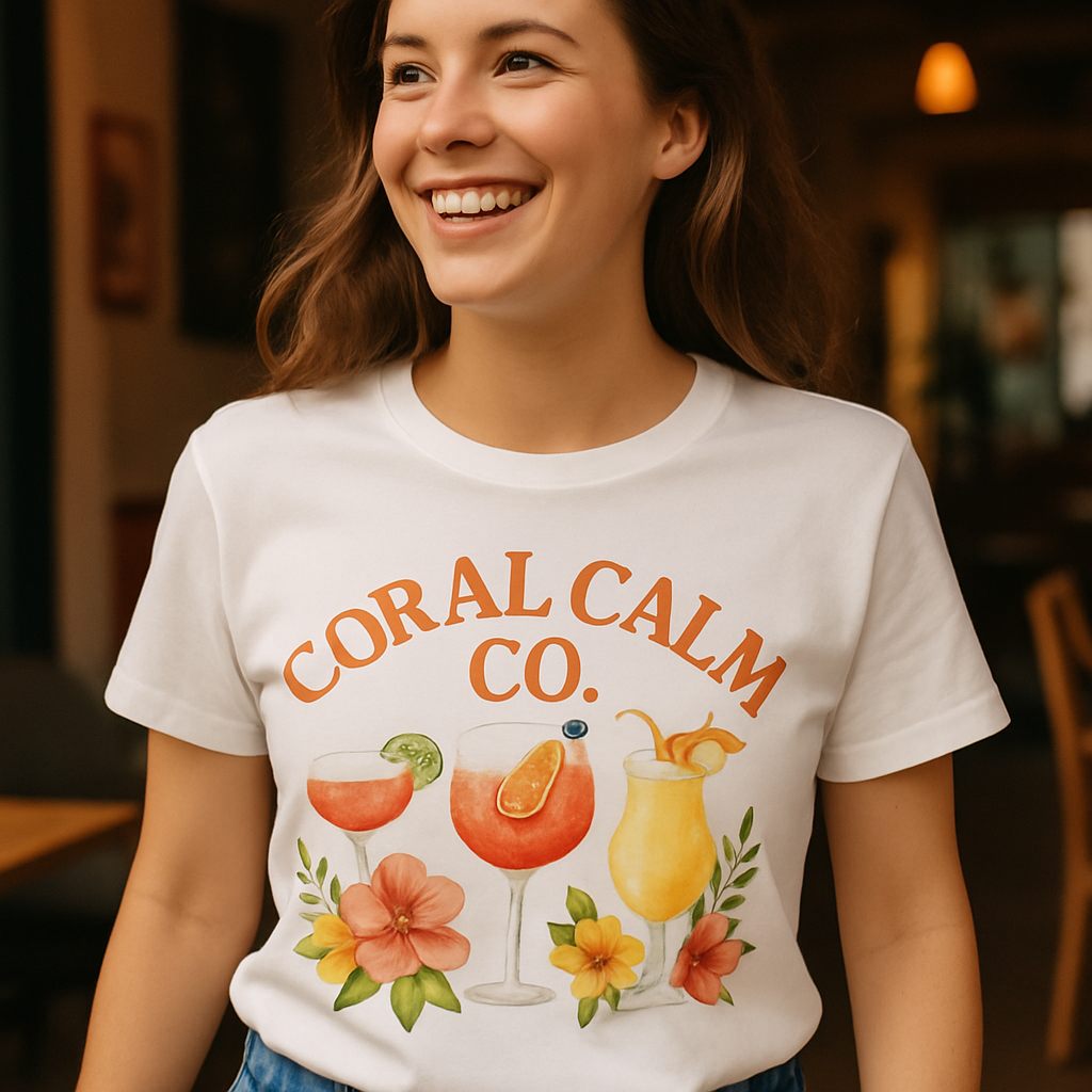 Coral Calm Co. Beach Babe T-Shirt – Tropical Cocktails & Hibiscus Flower Print, Summer Vacation Vibes, Cute Beachwear Tee Beach%20Babe%20prompt%20%231%20lifestyle%20mockup.png