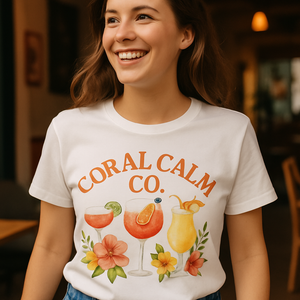 Coral Calm Co. Beach Babe T-Shirt – Tropical Cocktails & Hibiscus Flower Print, Summer Vacation Vibes, Cute Beachwear Tee Beach%20Babe%20prompt%20%231%20lifestyle%20mockup.png