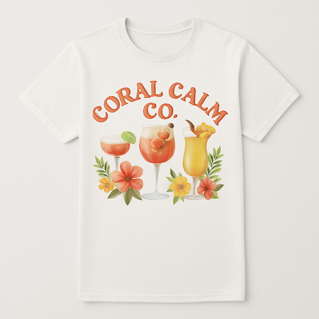 Coral Calm Co. Beach Babe T-Shirt – Tropical Cocktails & Hibiscus Flower Print, Summer Vacation Vibes, Cute Beachwear Tee Beach%20Babe%20prompt%20%231%20studio%20mockup.png