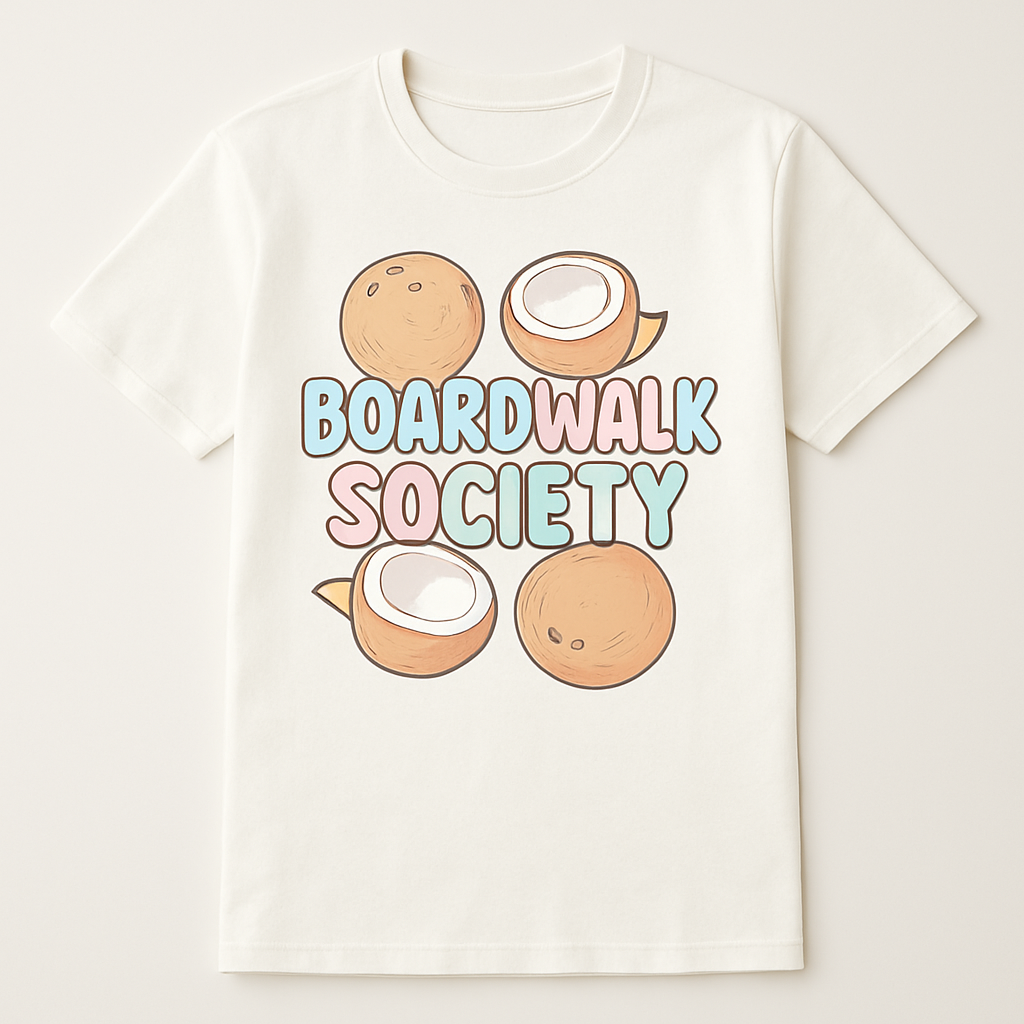 Boardwalk Society Beach Babe Coconut T-Shirt – Cute Pastel Summer Graphic Tee for Coastal Girls, Surf & Ocean Vibes Apparel Beach%20Babe%20prompt%20%2323%20studio%20mockup.png