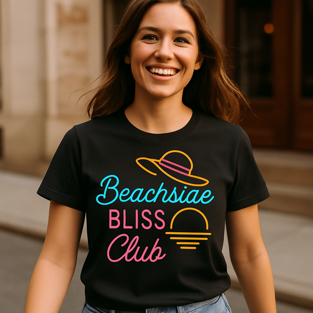 Beachside Bliss Club Neon T-Shirt – Trendy Beach Babe Summer Tee, Retro Sun Hat & Sunset Graphic, Vibrant Vacation Vibes Shirt Beach%20Babe%20prompt%20%2328%20lifestyle%20mockup.png