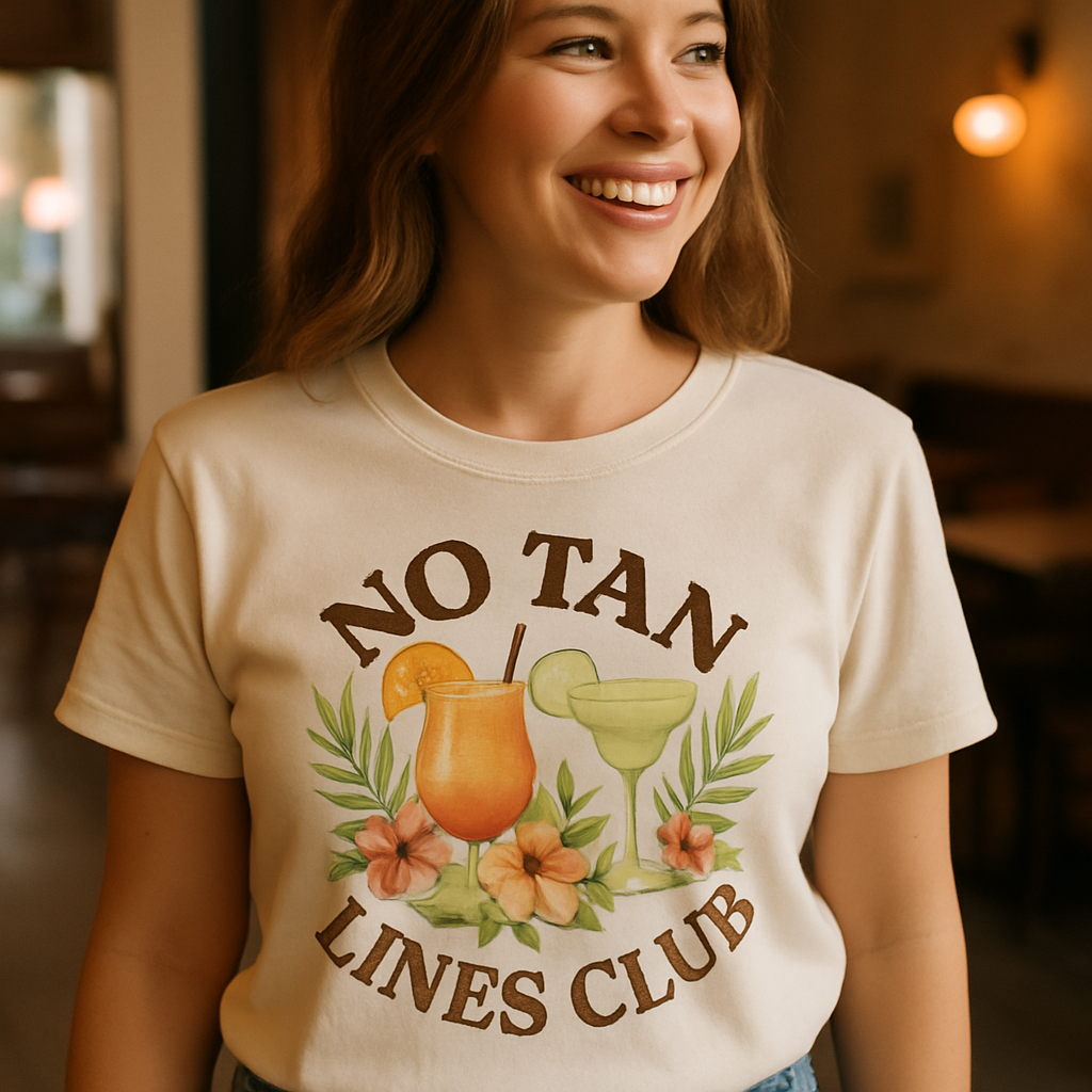 No Tan Lines Club T-Shirt – Tropical Beach Babe, Summer Cocktails & Hibiscus Flowers, Fun Vacation Party Tee Beach%20Babe%20prompt%20%2329%20lifestyle%20mockup.png
