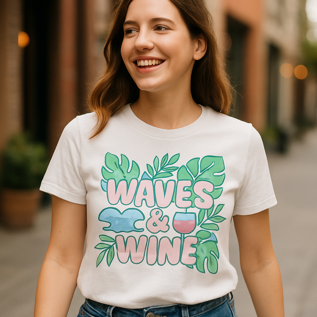 Waves & Wine Beach Babe T-Shirt – Cute Pastel Leafy Tropical Graphic, Summer Vacation Tee, Ocean Lover Gift, Boho Beachwear Beach%20Babe%20prompt%20%2335%20lifestyle%20mockup.png