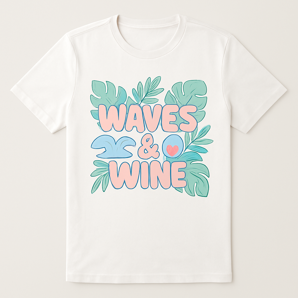 Waves & Wine Beach Babe T-Shirt – Cute Pastel Leafy Tropical Graphic, Summer Vacation Tee, Ocean Lover Gift, Boho Beachwear Beach%20Babe%20prompt%20%2335%20studio%20mockup.png