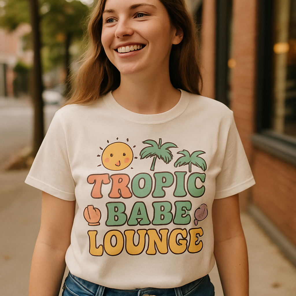 Tropic Babe Lounge T-Shirt – Cute Beachy Sun, Palms & Seashell Graphic Tee for Beach Babes, Summer Vacation, Tropical Vibes Apparel Beach%20Babe%20prompt%20%2337%20lifestyle%20mockup.png