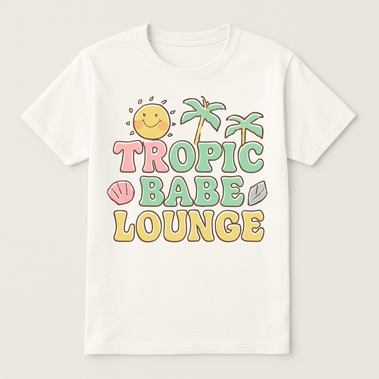 Tropic Babe Lounge T-Shirt – Cute Beachy Sun, Palms & Seashell Graphic Tee for Beach Babes, Summer Vacation, Tropical Vibes Apparel Beach%20Babe%20prompt%20%2337%20studio%20mockup.png