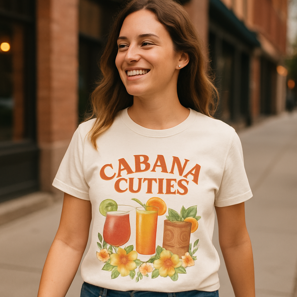 Cabana Cuties Beach Babe T-Shirt – Tropical Drinks Graphic, Hibiscus Flowers, Summer Vacation Shirt, Cute Beach Party Top Beach%20Babe%20prompt%20%2340%20lifestyle%20mockup.png