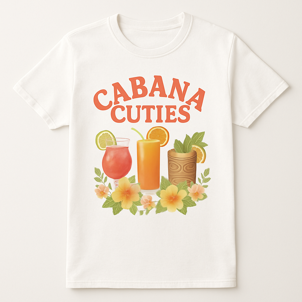 Cabana Cuties Beach Babe T-Shirt – Tropical Drinks Graphic, Hibiscus Flowers, Summer Vacation Shirt, Cute Beach Party Top Beach%20Babe%20prompt%20%2340%20studio%20mockup.png