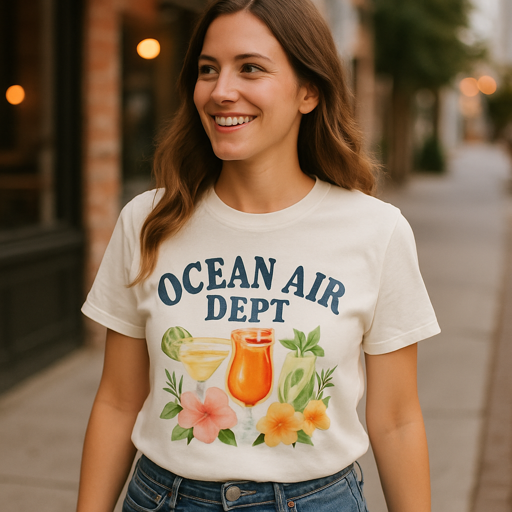 Ocean Air Dept. T-Shirt – Tropical Beach Babe Graphic, Floral Cocktails Summer Vacation Tee, Cute Aesthetic Beachwear Shirt Beach%20Babe%20prompt%20%2343%20lifestyle%20mockup.png