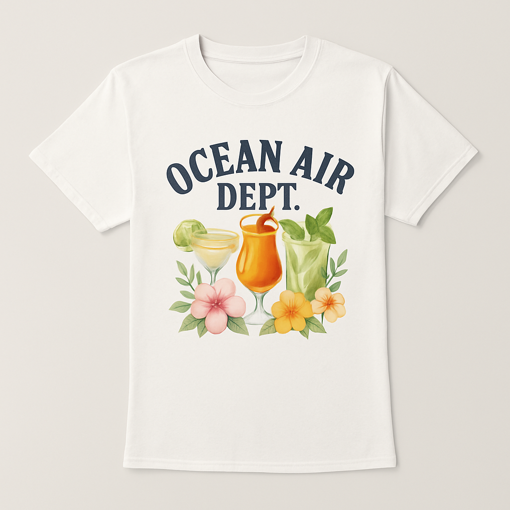 Ocean Air Dept. T-Shirt – Tropical Beach Babe Graphic, Floral Cocktails Summer Vacation Tee, Cute Aesthetic Beachwear Shirt Beach%20Babe%20prompt%20%2343%20studio%20mockup.png