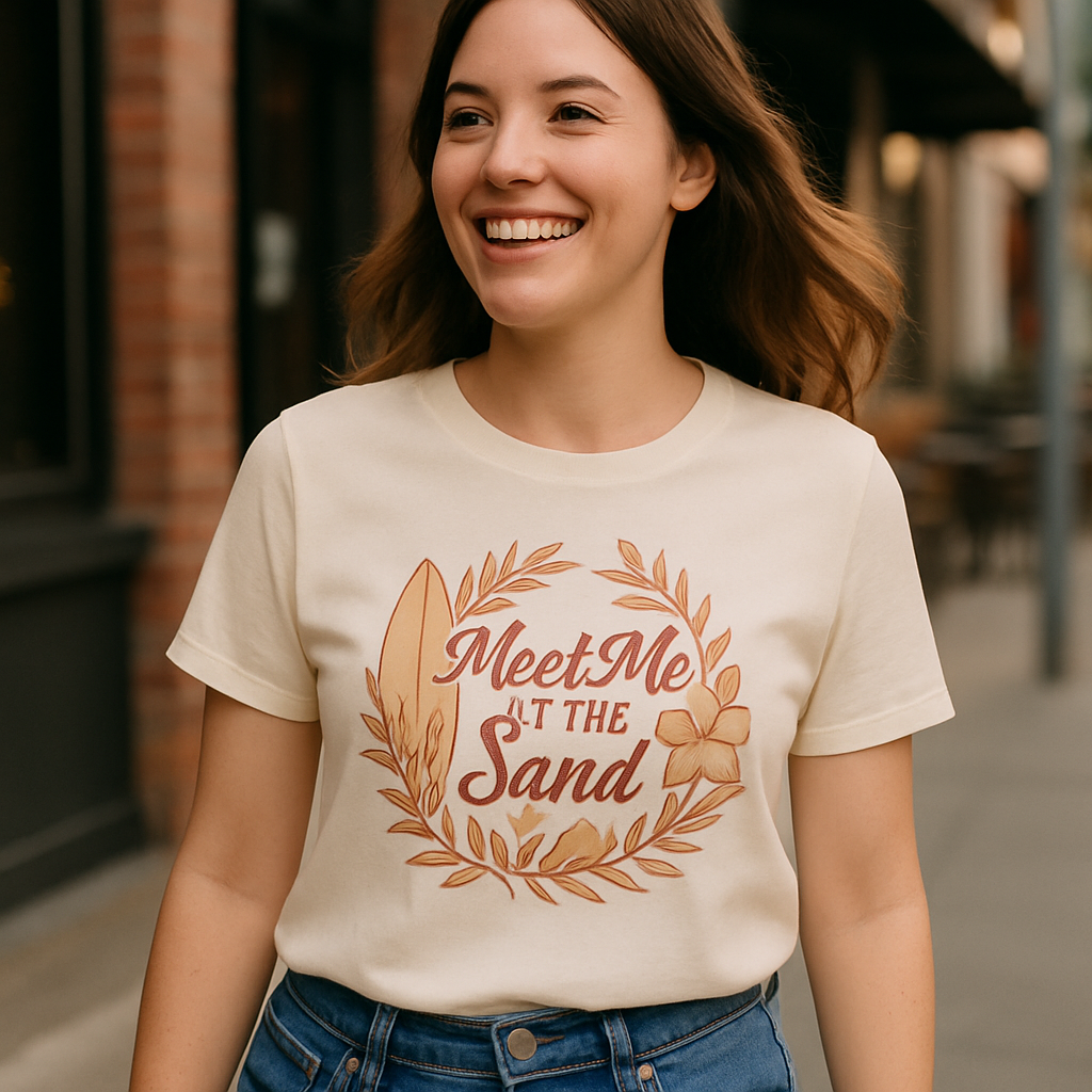 Meet Me at the Sand Beach Babe T-Shirt – Surfboard & Floral Boho Summer Tee for Coastal Girls, Cute Vacation Beachwear Beach%20Babe%20prompt%20%2345%20lifestyle%20mockup.png