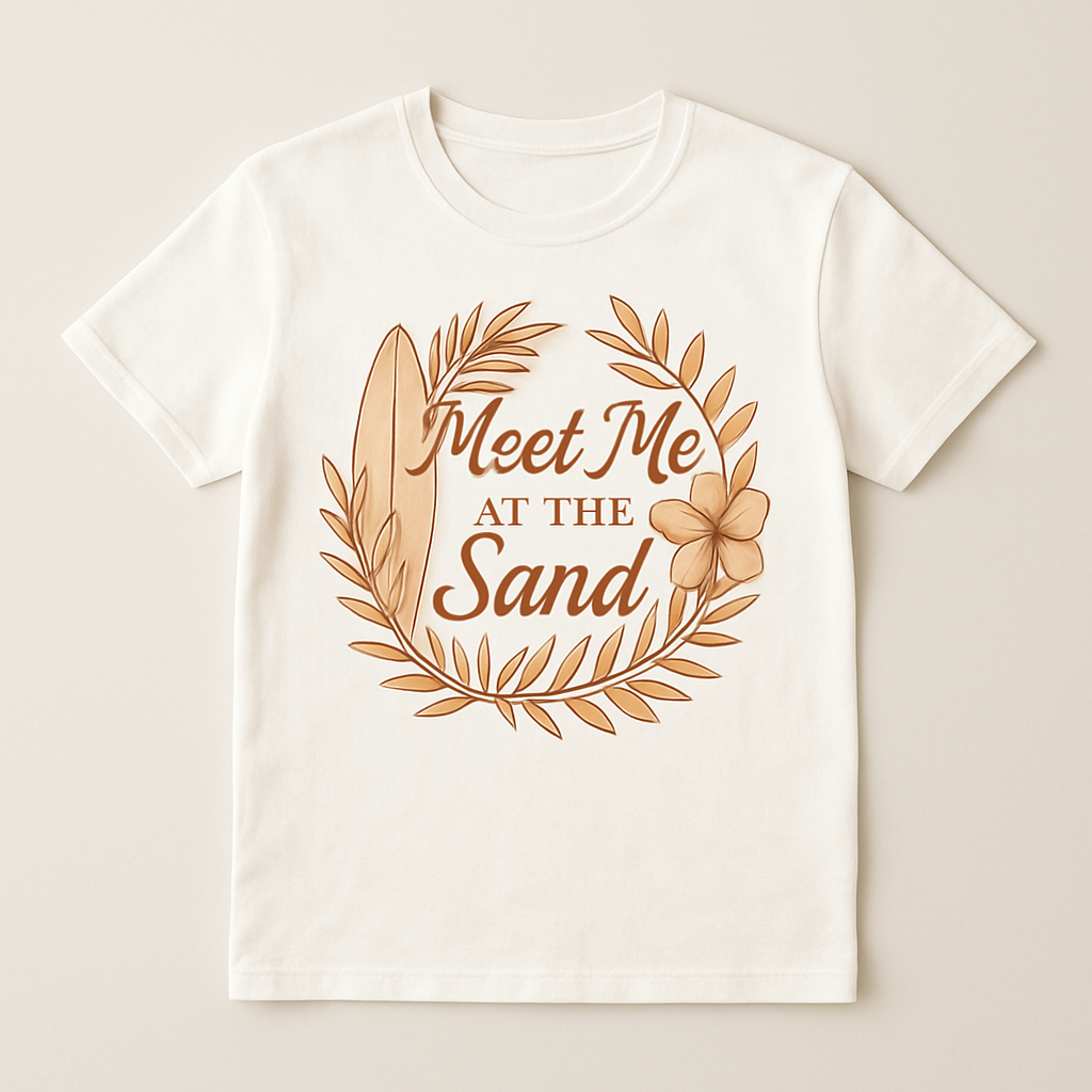 Meet Me at the Sand Beach Babe T-Shirt – Surfboard & Floral Boho Summer Tee for Coastal Girls, Cute Vacation Beachwear Beach%20Babe%20prompt%20%2345%20studio%20mockup.png