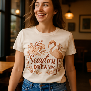 Seaglass Dreams Flamingo T-Shirt – Beach Babe Boho Floral Summer Tee, Tropical Vacation Shirt, Cute Coastal Style Gift Beach%20Babe%20prompt%20%2347%20lifestyle%20mockup.png