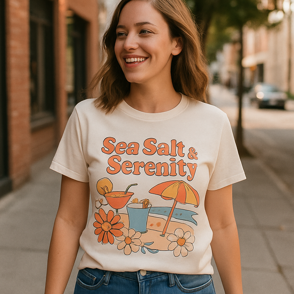Sea Salt & Serenity Beach Babe T-Shirt – Retro Summer Vibes, Floral, Cocktails & Umbrella Graphic Tee for Beach Lovers Beach%20Babe%20prompt%20%234%20lifestyle%20mockup.png