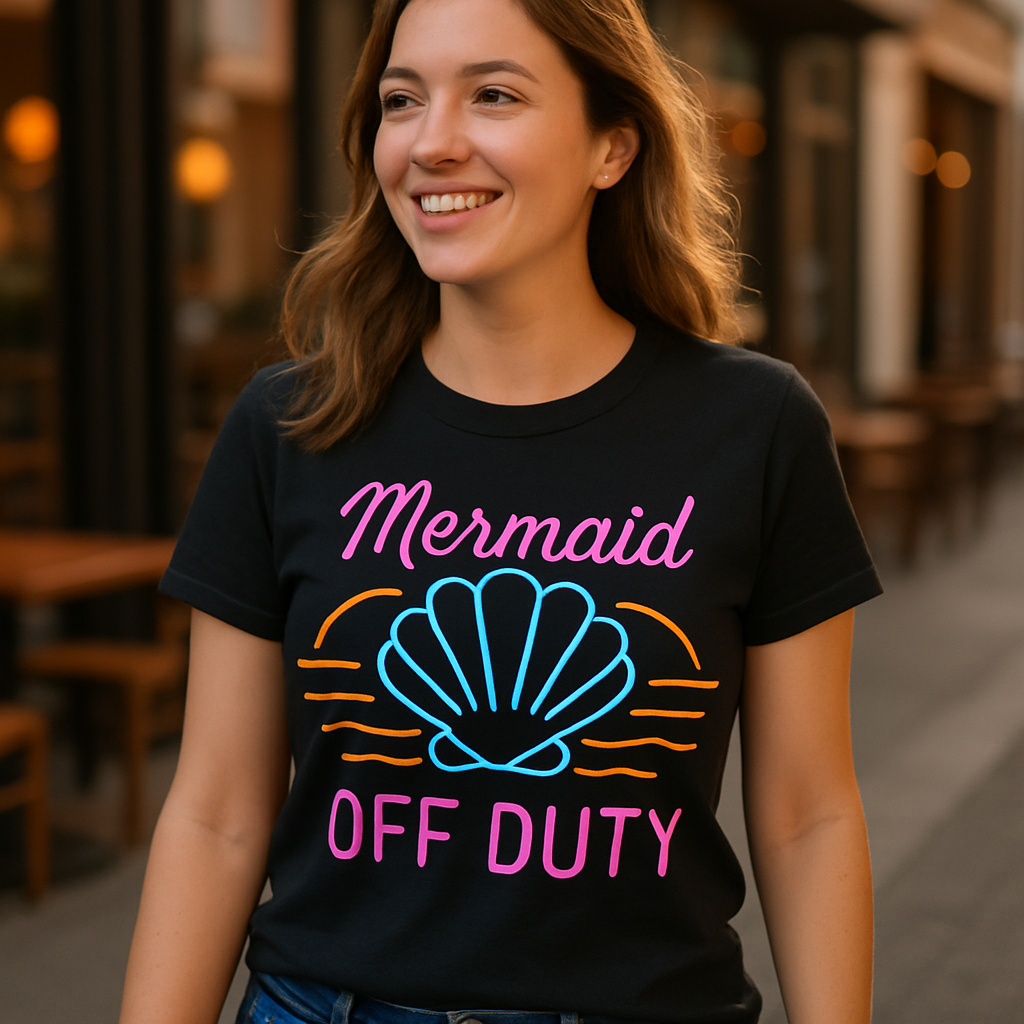 Mermaid Off Duty Neon Shell T-Shirt – Cute Beach Babe Summer Tee, Fun Ocean Vacation Shirt, Coastal Vibes Beachwear for Women Beach%20Babe%20prompt%20%235%20lifestyle%20mockup.png