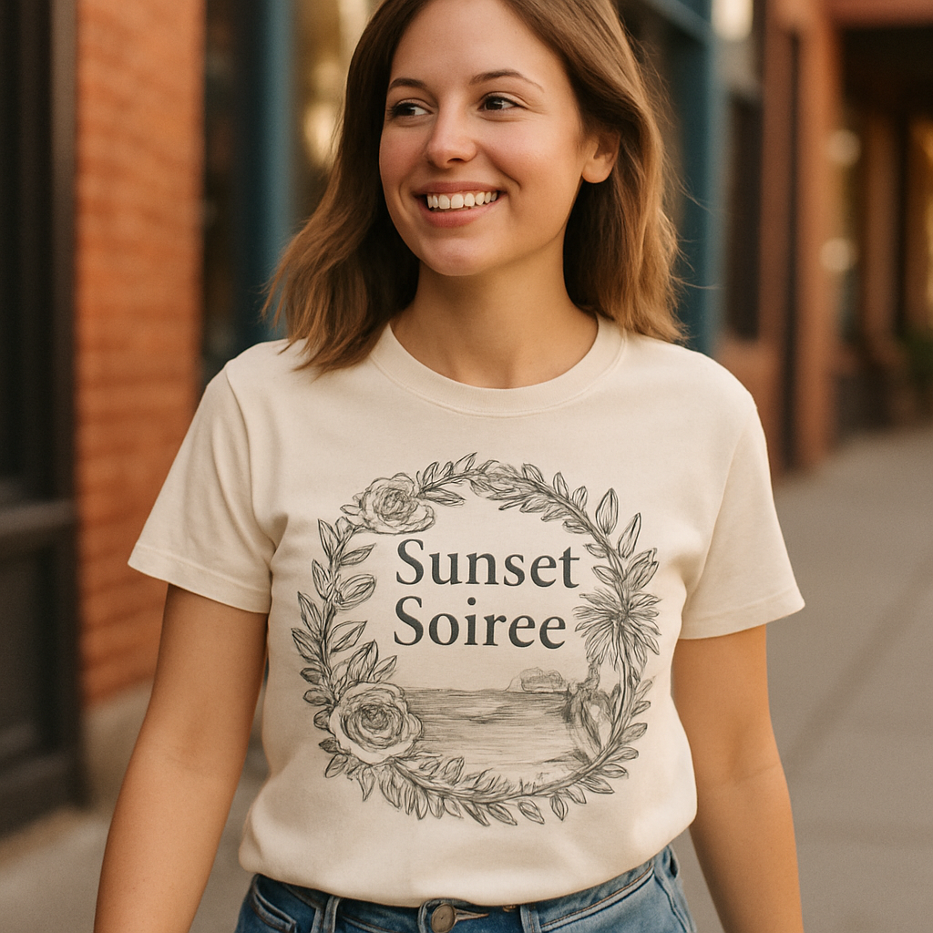 Sunset Soirée Beach Babe T-Shirt – Floral Palm Vintage Sketch, Summer Ocean Sunset Tee for Beach Lovers Beach%20Babe%20prompt%20%236%20lifestyle%20mockup.png