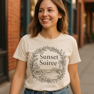 Sunset Soirée Beach Babe T-Shirt – Floral Palm Vintage Sketch, Summer Ocean Sunset Tee for Beach Lovers Beach%20Babe%20prompt%20%236%20lifestyle%20mockup.png