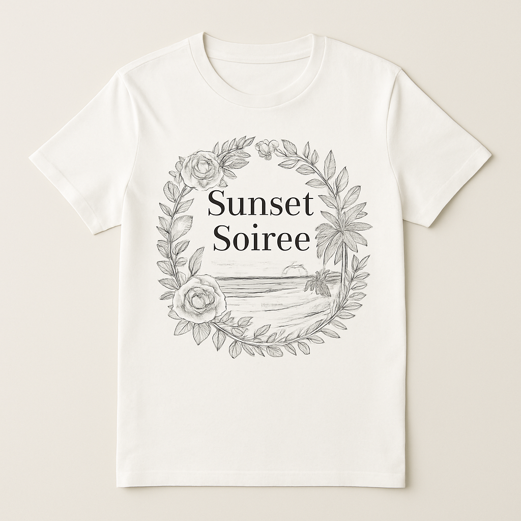 Sunset Soirée Beach Babe T-Shirt – Floral Palm Vintage Sketch, Summer Ocean Sunset Tee for Beach Lovers Beach%20Babe%20prompt%20%236%20studio%20mockup.png