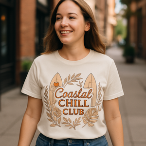 Coastal Chill Club Beach Babe T-Shirt – Retro Surfboard & Floral Graphic Tee for Summer, Boho Coastal Vibes, Cute Beachwear Beach%20Babe%20prompt%20%238%20lifestyle%20mockup.png