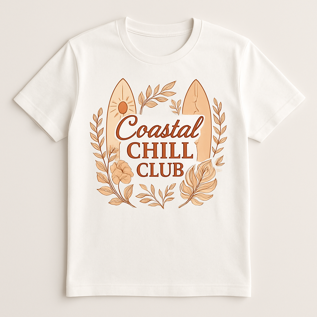 Coastal Chill Club Beach Babe T-Shirt – Retro Surfboard & Floral Graphic Tee for Summer, Boho Coastal Vibes, Cute Beachwear Beach%20Babe%20prompt%20%238%20studio%20mockup.png