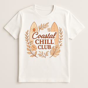 Coastal Chill Club Beach Babe T-Shirt – Retro Surfboard & Floral Graphic Tee for Summer, Boho Coastal Vibes, Cute Beachwear Beach%20Babe%20prompt%20%238%20studio%20mockup.png