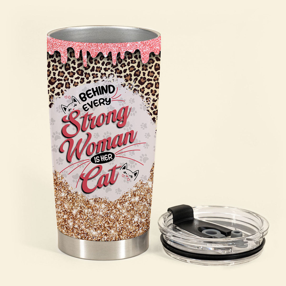 Behind Every Strong Woman Is Her Cat - Personalized Custom Cat Photo Tumbler