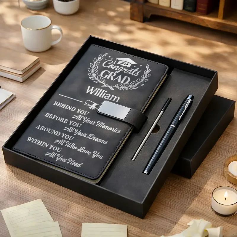Behind You All Memories Congrats Grad - Personalized Leather Notebook Set