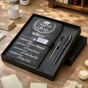 Behind You All Memories Congrats Grad - Personalized Leather Notebook Set