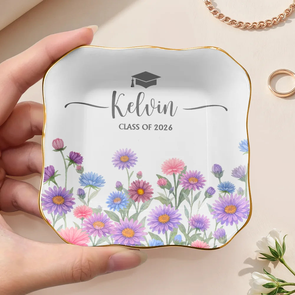 Birth Month Flower Watercolor Blooming In Love Graduation - Personalized Ring Dish