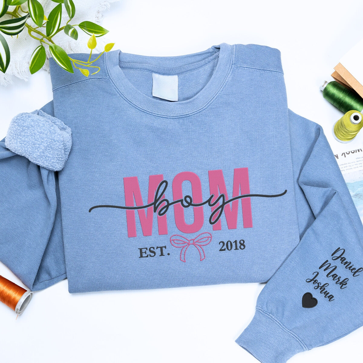 Boy Mom Sweatshirt or Hoodie with Embroidered Names on Sleeve, Custom Gift for Boy Mom