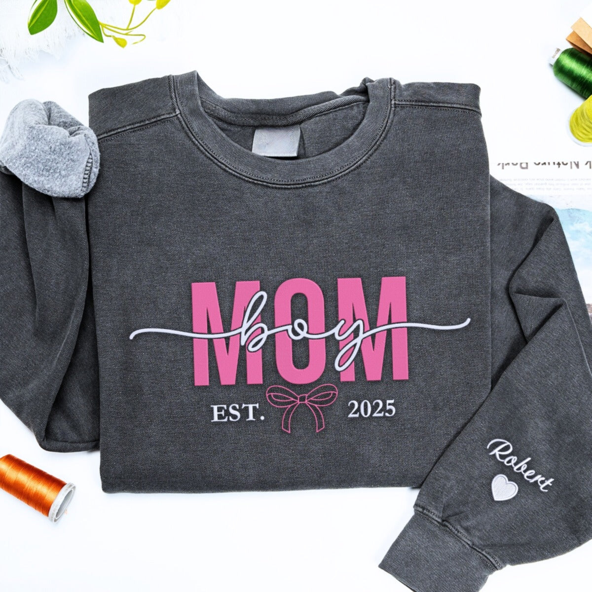 Boy Mom Sweatshirt or Hoodie with Embroidered Names on Sleeve, Custom Gift for Boy Mom