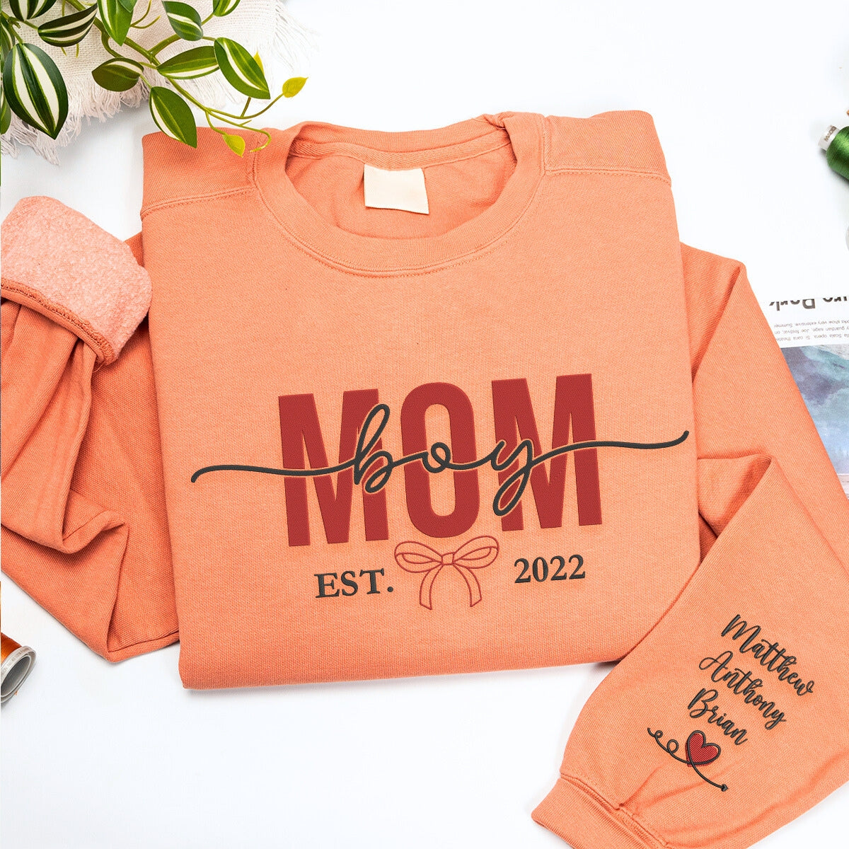 Boy Mom Sweatshirt or Hoodie with Embroidered Names on Sleeve, Custom Gift for Boy Mom