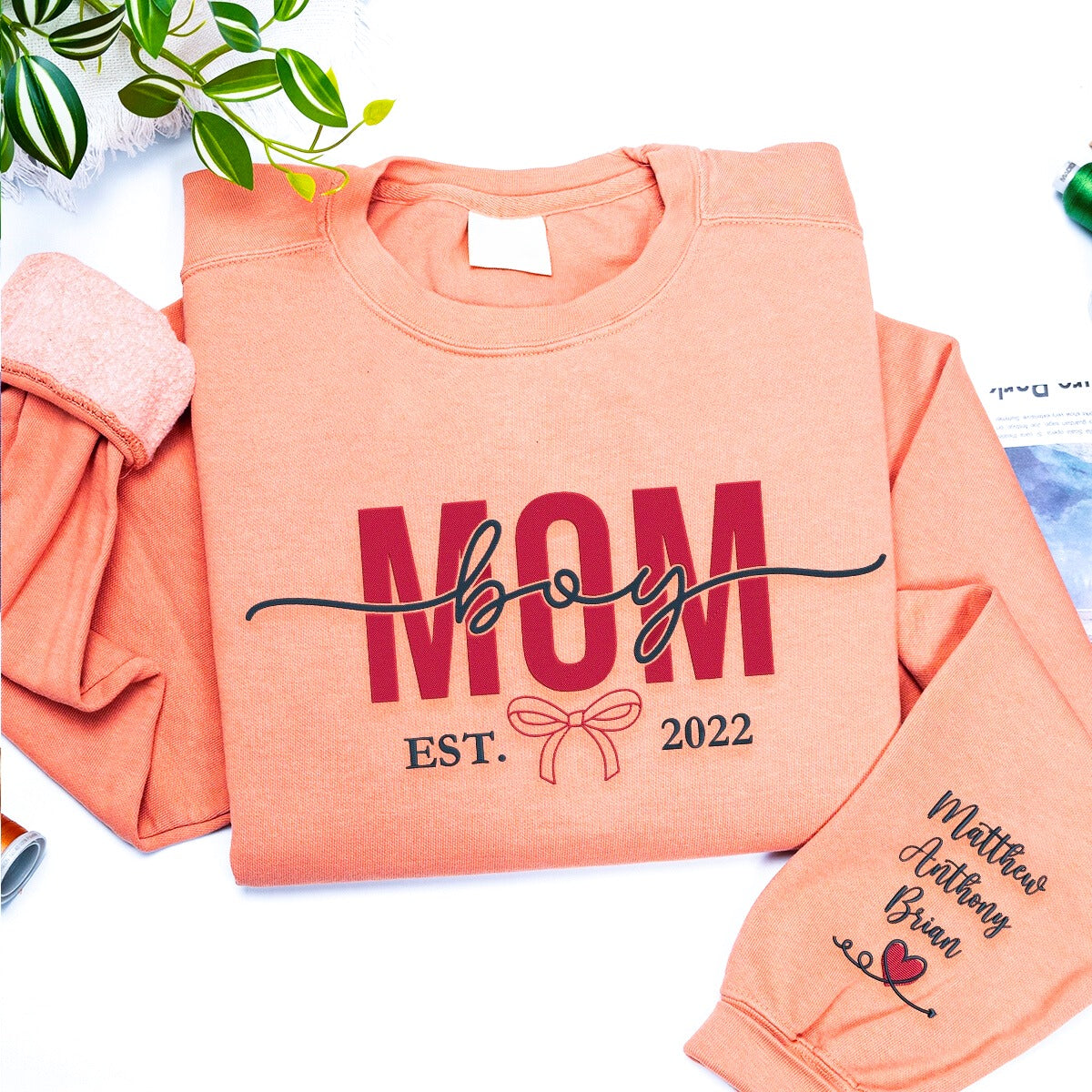 Boy Mom Sweatshirt or Hoodie with Embroidered Names on Sleeve, Custom Gift for Boy Mom