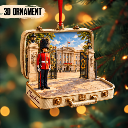 Personalized London Suitcase Christmas Ornament – 3D Big Ben & Red Bus, Custom Name Souvenir Gift for Travelers