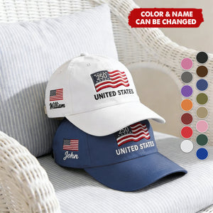 Custom Name United States 250th Anniversary Hat Embroidered USA Flag Patriotic Cap, Cotton Twill Adjustable Dad Hat for Men Women