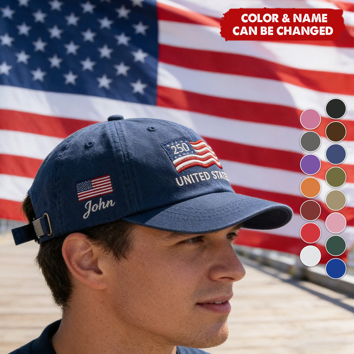Custom Name United States 250th Anniversary Hat Embroidered USA Flag Patriotic Cap, Cotton Twill Adjustable Dad Hat for Men Women