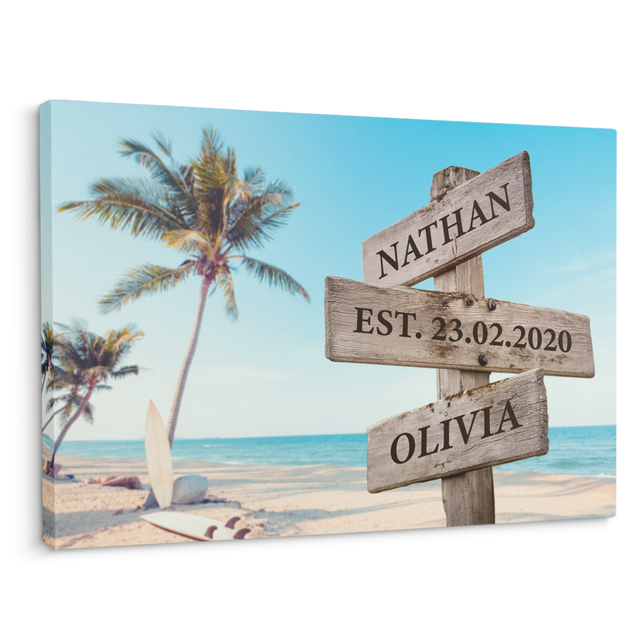 Couple Custom Street Sign Canvas Art Print Sunset Beach Meadow Background personalized gift for couple, anniversary gift