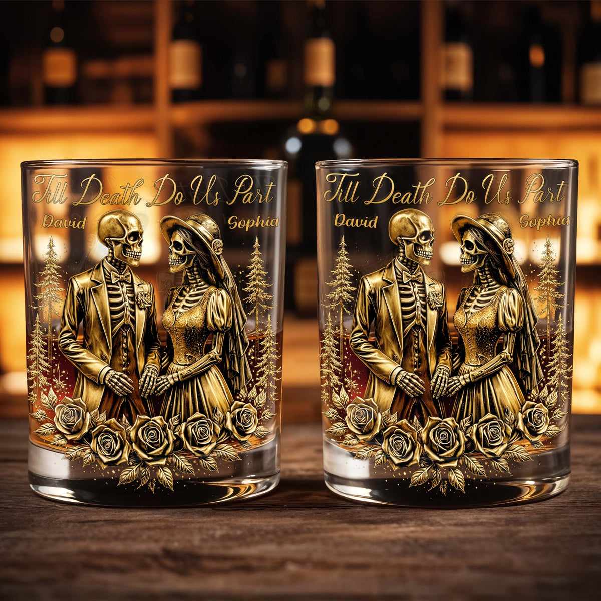 Till Death Do Us Part With Skeleton Couple And Roses, Custom Whiskey Glass, Gift For Spouse